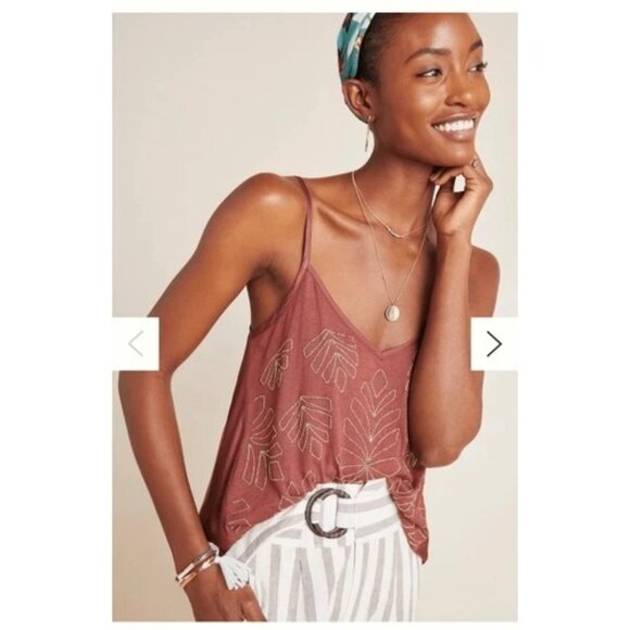 By Anthropologie Anthro Alison Beaded Cami Tank Top Medium Brown Sleeveless - Picture 9 of 9